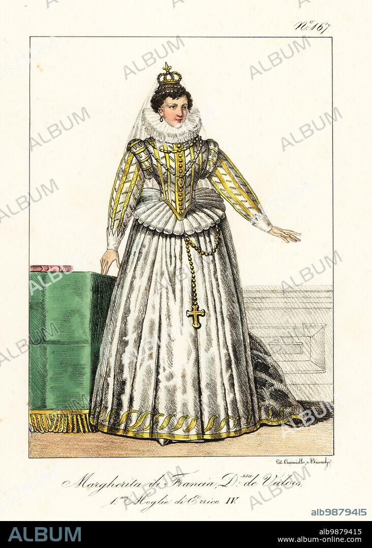 Marguerite of France, Duchess of Valois, 1553-1615. First wife of King Henry III of Navarre, later Henry IV of France. Full length portrait of her in crown, lace ruff collar, Spanish court dress with skirts over vertugadin or farthingale, slashed bodice and sleeves. Marguerite de France, Duchesse de Valois. 1er femme de Henry IV. 1.