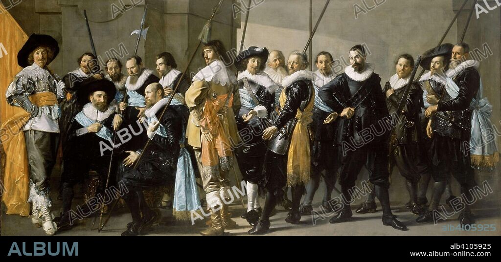 FRANS HALS y PIETER CODDE. Militia Company of District XI under the Command of Captain Reynier Reael, Known as 'The Meagre Company'. Officers and otger Guardsmen of the XIth District of Amsterdam, under the Command of Captain Reijnier Reael and lieutenant Cornelis Michielsz Blaeuw, known as the 'The Meagre Company'. Dating: 1637. Measurements: support: h 209 cm × w 429 cm; h 233 cm × w 452 cm.