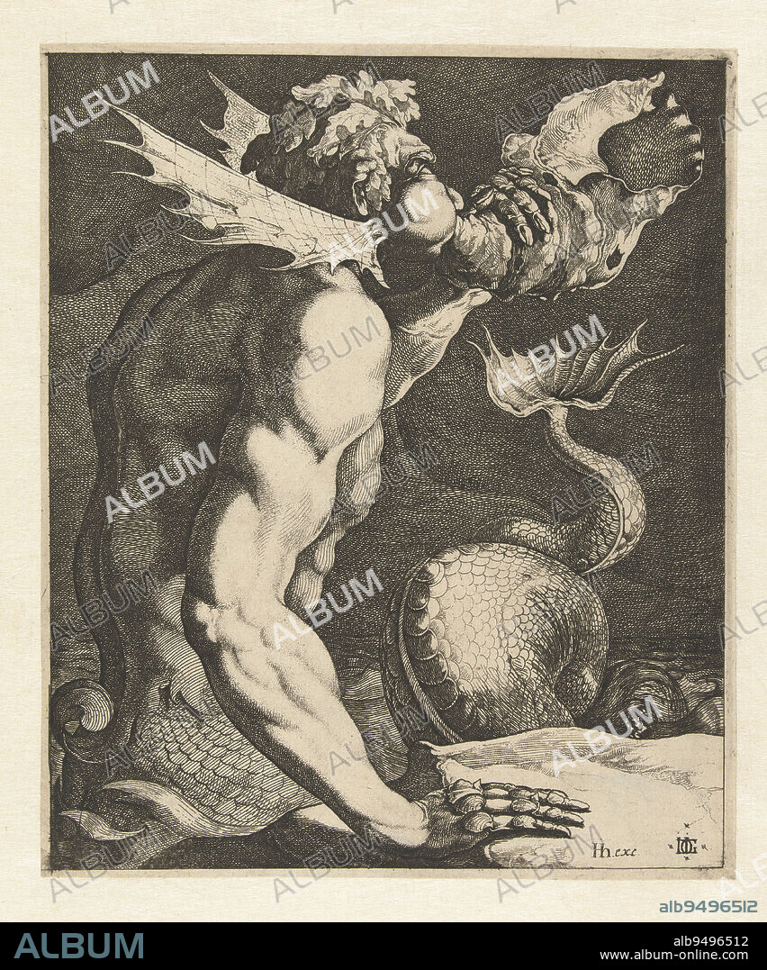A triton (merman: half fish, half man), in half body, with prominent fins near the ears, blowing on a shell, A triton blowing on a shell, print maker: Jacob de Gheyn (III), (mentioned on object), publisher: Hendrick Hondius (I), (mentioned on object), print maker: Netherlands, publisher: The Hague, 1616 - 1620, paper, etching, h 198 mm × w 165 mm.