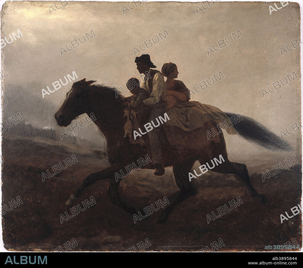 EASTMAN JOHNSON. A Ride for Liberty -- The Fugitive Slaves. Date/Period: Ca. 1862. Painting. Oil on paper board. Height: 55.8 cm (21.9 in); Width: 66.4 cm (26.1 in).