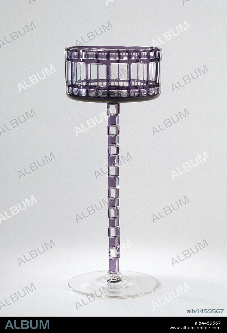 Chalice with a purple Überfang with ground squares and rectangles, Flat foot, slender stem, cylindrical cup with flat bottom. Stem and chalice with a purple Überfang, ground in a geometric pattern consisting of squares and rectangles., E. Bakalowitz & Söhne, Vienna, 1907, glass, grinding, h 21 cm × d 8 cm.