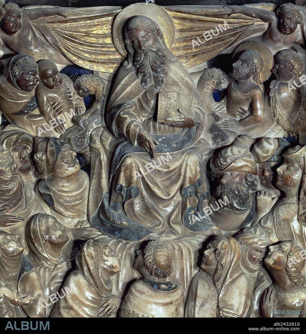 PERE JOHAN. ARTE GOTICO. ESPAÑA. JOAN, Pere (h.1396-h.1458). Escultor catalán. Retablo en alabastro del Altar Mayor dedicado a Santa Tecla. "PREDICACION DE SAN PABLO". Detalle de la pradela. Catedral de Tarragona. Cataluña.