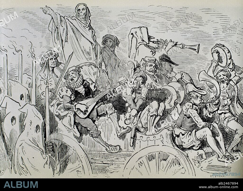 Don Quixote. Spanish novel by Miguel de Cervantes Saavedra (1547-1616). Engraving by Gustave Dore, 19th century.