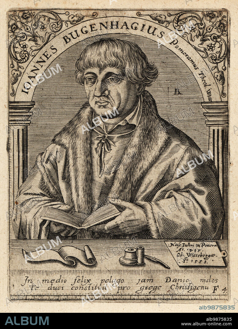 Johannes Bugenhagen, 1485-1558, Doctor Pomeranus, Protestant Reformer, 16th century.Ioannes Bugenhagius Pomeramus Theologus Witteberg. Copperplate engraving by Johann Theodore de Bry from Jean-Jacques Boissards Bibliotheca Chalcographica, Johann Ammonius, Frankfurt, 1650.