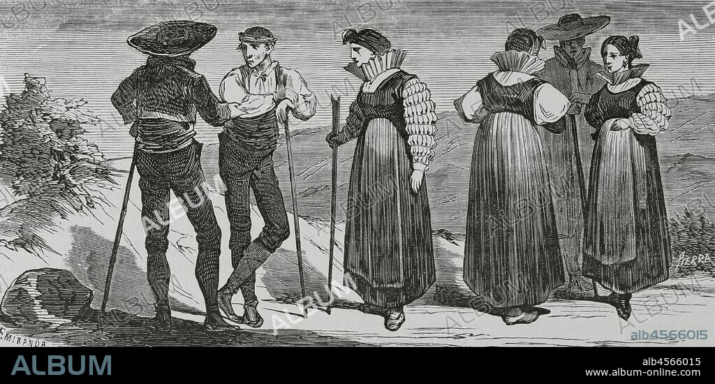 España. Trajes del Alto Aragón. Dibujo por Fernando Miranda. Grabado por Sierra. Crónica General de España, Historia Ilustrada y Descriptiva de sus Provincias. Aragón, 1866. Biblioteca Histórico Militar de Barcelona, Cataluña, España.
