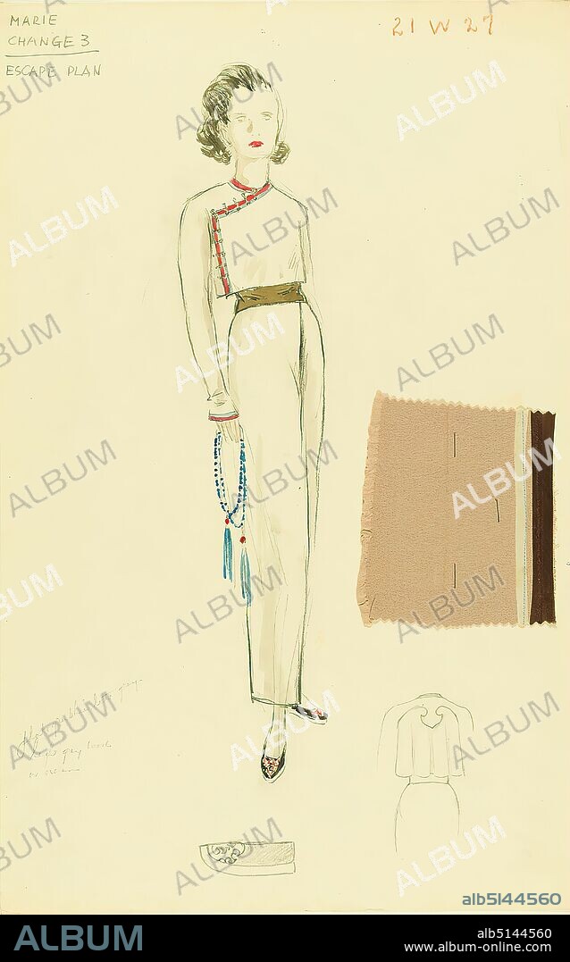 Ernst Dryden, costume for Margo Albert in the film Lost Horizon with attached fabric sample, paper, non-opaque watercolor, pencil, watercolor, drawing, watercolor over lead, Total: height: 48.6 cm; width: 30.7 cm, inscribed: recto top: left: MARIE, CHANGE 3, ESCAPE PLAN and right: 21 W 27, inscribed: recto bottom left: photographic grey leght grey loord or cream, illustrations, fashion, clothing, women's fashion, cinematography, film actor, actress.
