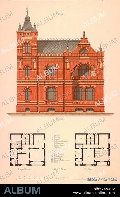 Architektur / Wohnhäuser. "Villa". (Aufriß und Grundrisse). Farblithographie nach Zeichnung von Hermann Bethke. Blatt 40 der Mappe: Praktische Wohnhäuser und Villen (...) entworfen und gezeichnet von Hermann Bethke, Stuttgart. (Konrad Wittwer) o. J. (um 1885). Berlin, Sammlung Archiv für Kunst und Geschichte.