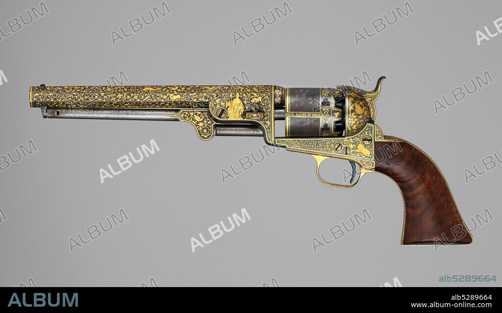 SAMUEL COLT. Gold-inlaid Colt Model 1851 Navy Revolver (serial no. 20133), with Case and Accessories, American, Hartford, Connecticut, ca. 1853.