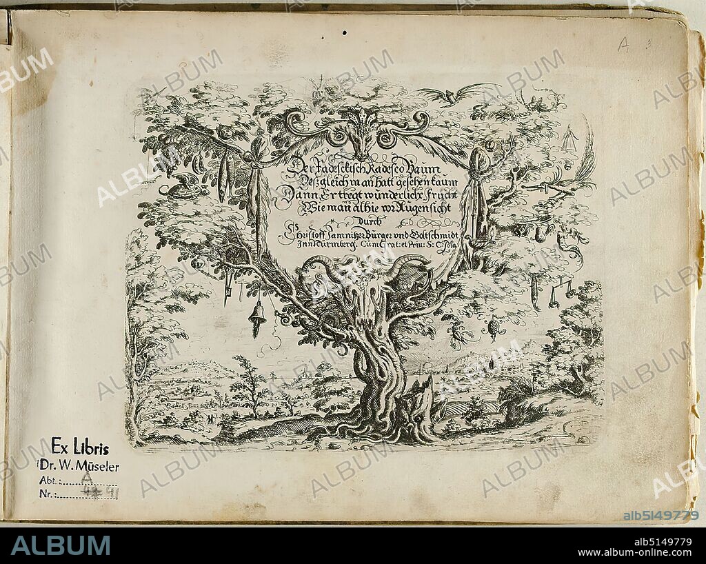 Christoph Jamnitzer, title page of the third part of the Neuw Grotteßken book, paper, etching, sheet size: height: 19.90 cm; width: 27.70 cm, inscribed: in the plate: Der Fadesckisch Radesco Baum, Deßgleich man hatt gesehen kaum, Dann Er tregt wunderliche Frücht, Wie man alhie im Augensicht, Durch, Christoff Jamnitzer Bürger und Goltschmidt, Inn Nürmberg. Cum Grat: et Priv: S: C: Jola, Stamp: recto u. li.: Ex Libris, Dr. W. Müseler, Abr : A [handwritten in lead], No.: 41 [handwritten in lead], prints, printed matter, grotesque (ornament), cartouche (ornament), ornaments.