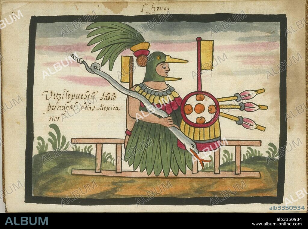 PRE-COLUMBIAN ART. Xiuhtecuhtli, Aztec god of fire, day and heat. From the Ramírez Codex (The Tovar Codex).