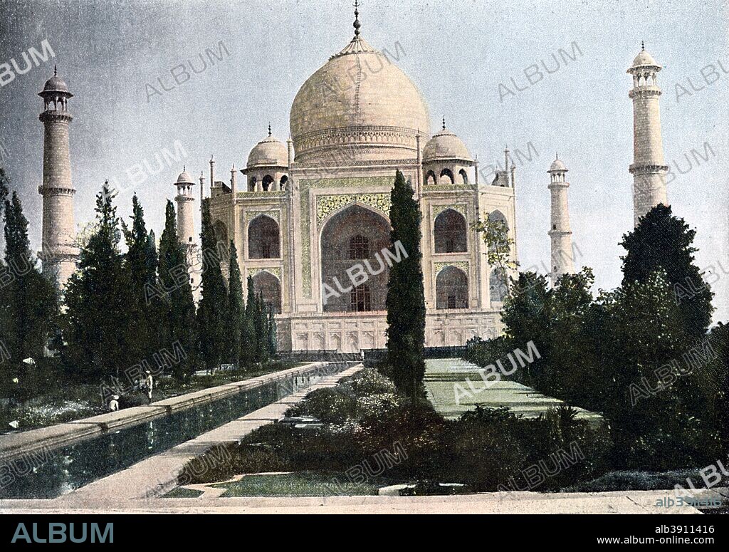 Taj Mahal, Agra, Uttar Pradesh, India, c1890. The great marble mausoleum built by Shah Jahan (1592-1666), Mughal emperor, for his wife Arjumand Banu Begam (d1631) called Mumtaz Mahal (Favourite of the Palace). The Taj Mahal is generally considered the finest example of Mughal architecture, a style that combines elements of Indian and Persian architectures. Illustration from Inde, Tombeaux et Monuments Sacres, (a work on Indian tombs and sacred monuments), by L Boulanger, (Paris, c1890).