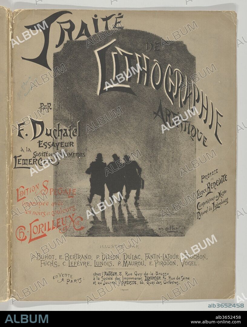 HERMANN VOGEL, ALEXANDRE LUNOIS, PAUL MAUROU, HENRI FANTIN-LATOUR, CHARLES-MARIE DULAC, FÉLIX-HILAIRE BUHOT, HENRI PATRICE DILLON, E. BERTRAND, H. FAUCHON, CAMILLE LEFÈVRE and LOUIS-EUGENE PIRODON. Traité de Lithographie Artistique. Artist: Alexandre Lunois (French, 1863-1916); Félix-Hilaire Buhot (French, Valognes 1847-1898 Paris); Henri Fantin-Latour (French, Grenoble 1836-1904 Buré); Henri Patrice Dillon (French, 1851-1909); E. Bertrand (French, active 1893); Charles-Marie Dulac (French, Paris 1865-1898 Paris); H. Fauchon (French, active 1893); Camille Lefèvre (French, Issy-sur-Seine 1853-1933 Paris); Paul Maurou (French, Avignon 1848-1931 Paris); Louis-Eugène Pirodon (French, Grenoble 1824-after 1908); Hermann Vogel (German, Flensburg 1856-1918 Paris (active France)). Author: Preface by Léonce Bénédite (French, 1856-1925). Dimensions: 12 13/16 x 10 1/16 x 9/16 in. (32.5 x 25.5 x 1.5 cm). Printer: Lemercier & Cie. (French, Paris); Color printing by Charles Lorilleux et Cie. (French, Paris). Published in: Paris. Publisher: Written, lithographed and published in Paris by Edouard Duchâtel (French, active 1893). Date: 1893.
Lithography was invented in the 1790s by Alois Senefelder in Germany but, over the next century, became the domain of commercial and scientific printers. This French treatise of 1893 encouraged artists to return to the medium and the author, Edouard Duchâtel, listed eleven artist-contributors on the cover. Léonce Bénédicte, director of the Musée du Luxembourg in Paris, wrote the introduction, and the illustrated text describes how to work directly on the stone and use various transfer papers. Two years later, a major Paris exhibition of 1895, mounted to celebrate the centennial of the technique's invention, devoted a major section to prints by contemporary artists.