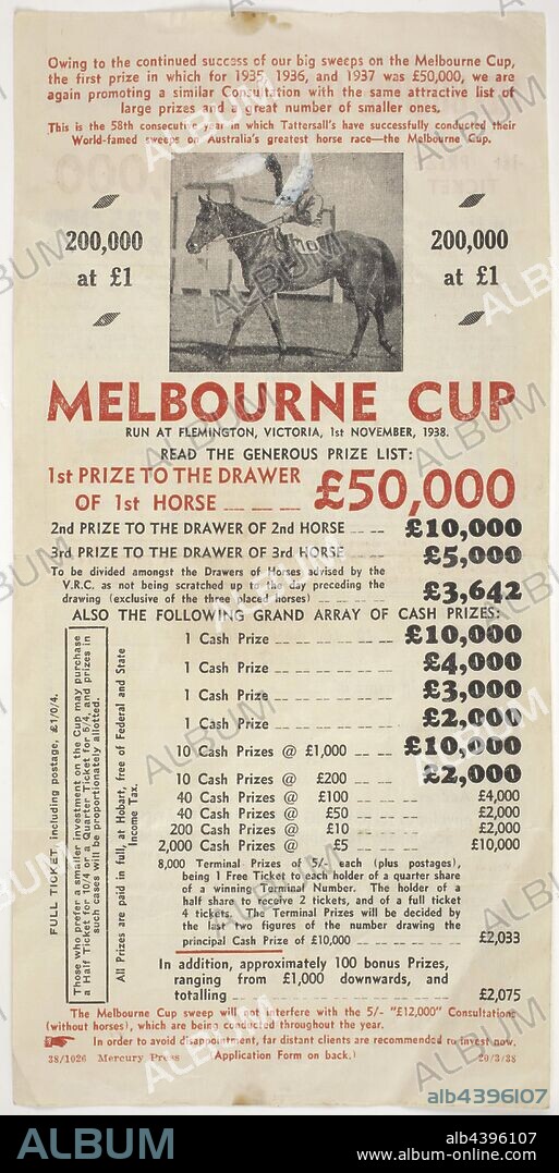 Application Form - Tattersall's Melbourne Cup Sweep, 1938, This form was issued by Tattersalls to promote the various sweeps it was organising in conjunction with the running of the 1938 Melbourne Cup. It was found by the donor under the floorboards of their house in North Croydon during renovations in 2007.