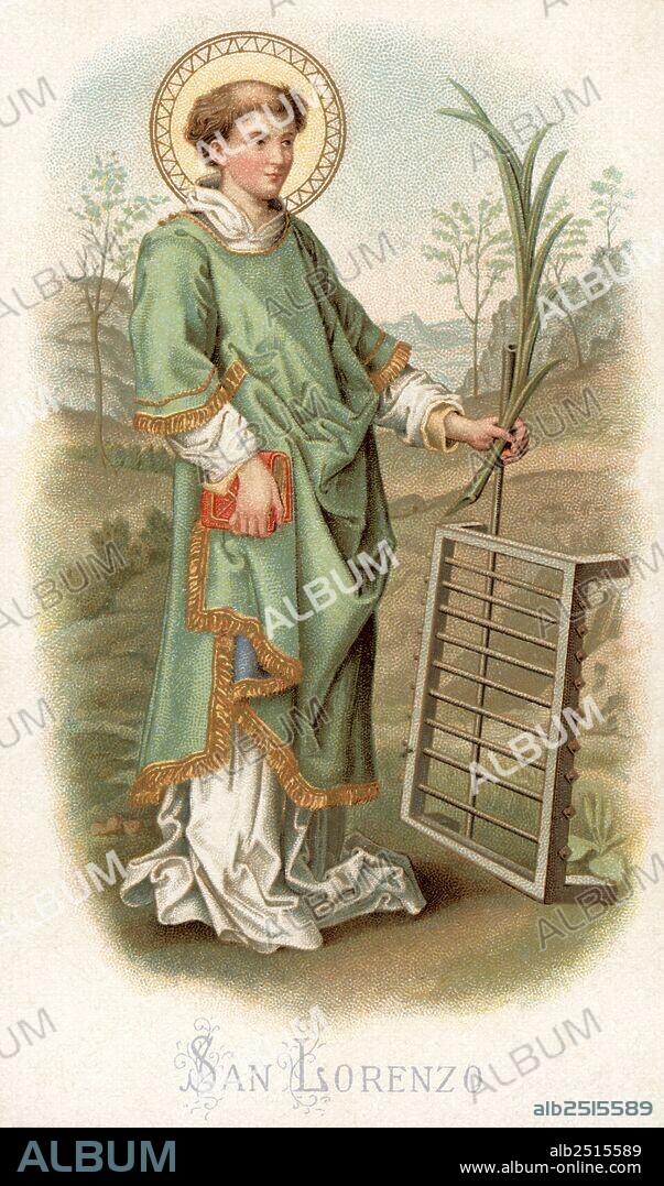 San Lorenzo (210-258), diácono de Roma martirizado en una parrilla. Grabado de 1900.