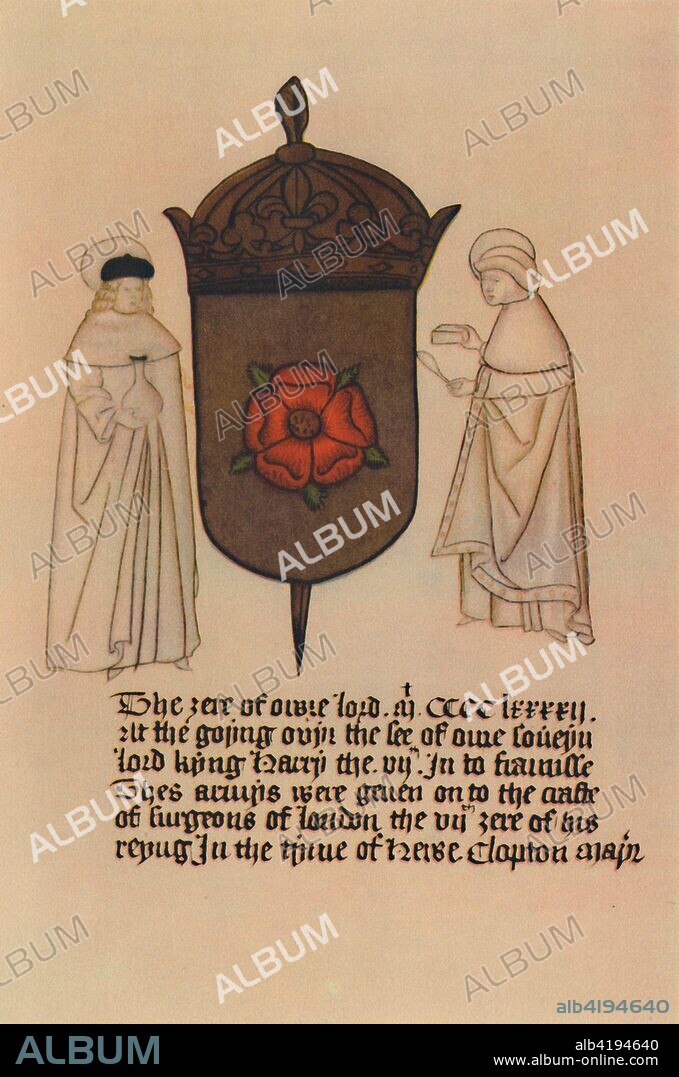 'Saint Cosimo and Saint Damian, Patron Saints of the Barber-Surgeons', 15th century, (1948). Early Christian martyrs Cosmas and Damian were Arab physicians, reputedly twin brothers. They were martyred in Syria during the persecution of the Roman emperor Diocletian (284-305 AD). Cosmas and Damian are patron saints of the Worshipful Company of Barbers, one of the livery companies of the City of London. 15th century illumination from "Annals of the Barber-Surgeons". From "The Guilds of the City of London", by Sir Ernest Pooley. [Collins, London, 1948].
