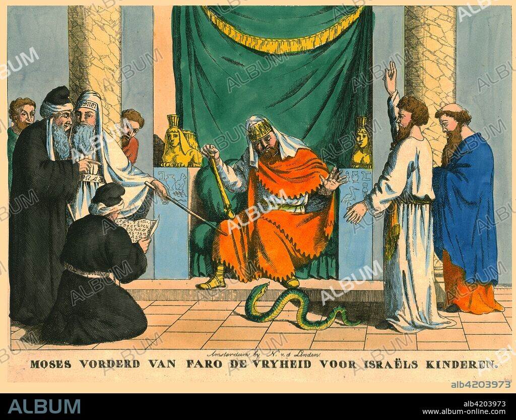 Moses before Pharaoh. Scene from the Old Testament: Moses asks Pharaoh to grant freedom to the children of Israel, and Aaron's rod is transformed into a serpent.