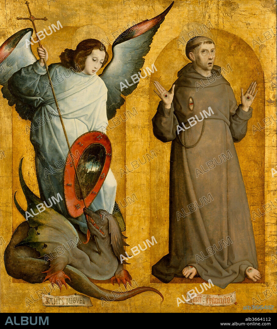 Saints Michael and Francis. Artist: Juan de Flandes (Netherlandish, active by 1496-died 1519 Palencia). Dimensions: Overall, with added strips at right and bottom, 36 7/8 x 34 1/4 in. (93.7 x 87 cm); painted surface 35 3/8 x 32 3/4 in. (89.9 x 83.2 cm). Date: ca. 1505-9.
This panel was originally part of a large Spanish altarpiece. The artist has placed both figures within niches, but in contrast to the frontal, ascetic image of Saint Francis, who is neatly contained within the shallow space, Michael extends beyond his niche. Stabbing the dragon at his feet, the archangel gazes earthward at the apocalyptic vision--a walled, smoking city--that is reflected in his decorative shield. This latter detail still hints at Juan de Flandes's Netherlandish origin. The introduction of a gold background and the broad painting technique, however, reveal his efforts to adapt his style to Spanish taste.