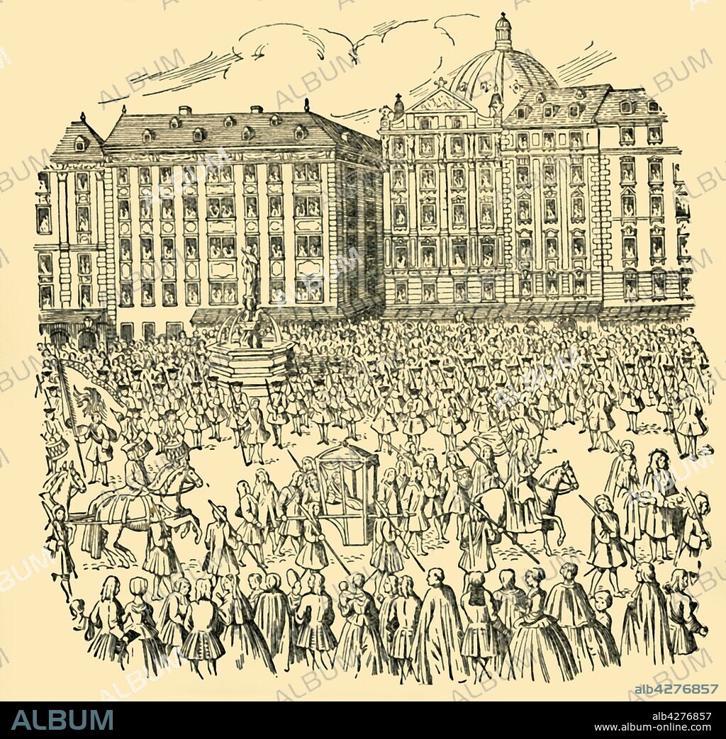 'The Great Nobles of Hungary Take the Oath of Loyalty to Maria Theresa, The Young Empress of Austria, in 1740', (c1930). Maria Theresa (1717-1780) travels through the Graben in Vienna to be formally recognized as Archduchess of Austria. The procession, which took place on 22 November 1740, was the first public event in her reign. Detail after Georg Christoph Kriegl's 'Oath of Fealty'. From "The World's Story, a Simple History for Boys and Girls", by Elizabeth O'Neill. [T. C. & E. C. Jack, London & Edinburgh, c1930].
