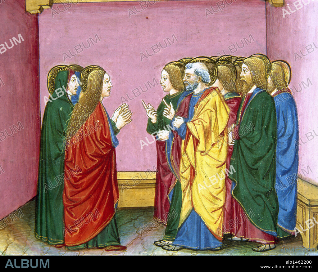 "LAS TRES MARIAS ANUNCIAN A LOS DISCIPULOS QUE JESUS HA RESUCITADO". Página miniada del CODICE DE PREDIS. Renacimiento-Quattrocento (s. XV). Biblioteca Real. Turín. Italia.