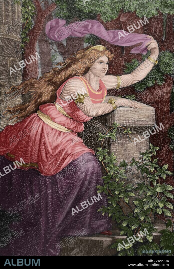 Princesa irlandesa ISOLDA. Personaje de una leyenda del ciclo arturiano. Conocida también como "La blonda". Grabado extraido del cuadro de Teodoro Biris. Grabado por A. Schurufter. "La Ilustración", 1884. Coloreado.