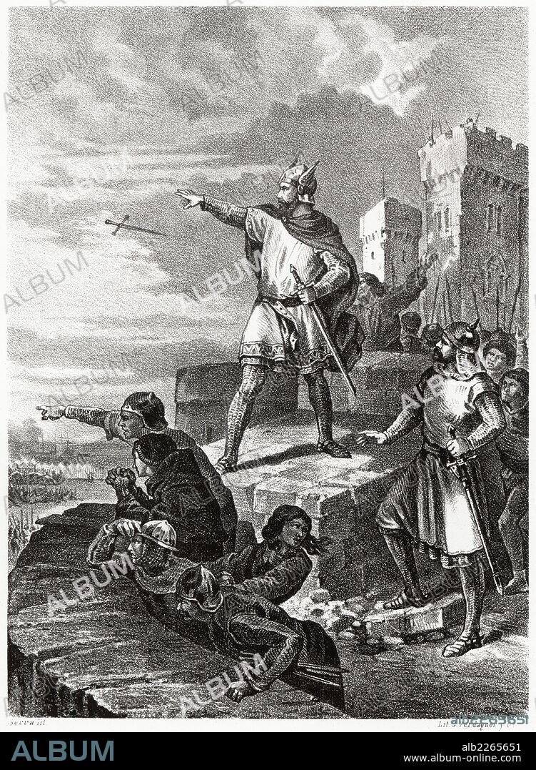 Historia de España. Alfonso Pérez de Guzman (1256-1309), conocido como Guzmán el Bueno, arrojando el puñal a los atacantes para sacrificar a su hijo en defensa de la plaza de Tarifa en 1294. Grabado de 1872.