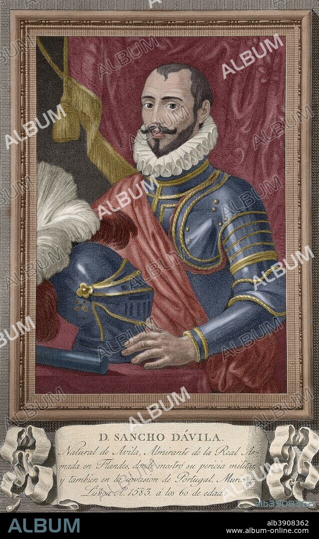 Sancho Dávila y Daza (Avila, 1523-Lisboa, 1583). Militar español, llamado "Rayo de la Guerra". Combatió contra los turcos a las órdenes del Duque de Alba. Combatió en Flandes y en 1576 se apoderó de Amberes. Felipe II le encargó la vigilancia de las costas de Granada en 1578. En la campaña de Portugal fue general de confianza del Duque de Alba. Se distinguió en la batalla de Alcántara (25 de agosto de 1580). Grabado coloreado.