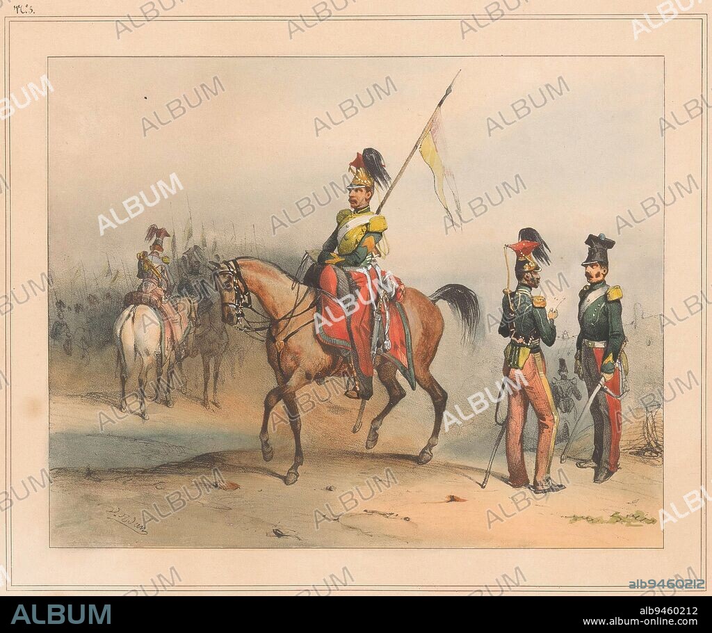 Dragoons on horseback and on foot, Victor Adam, 1832 - 1833, Lance riders (dragoons) of the French army: infantrymen moving on horseback and fighting on foot., print maker: Victor Adam, (mentioned on object), printer: Nicolas Louis Delaunois, (mentioned on object), publisher: Déro-Becker, (mentioned on object), print maker: France, printer: Paris, publisher: Paris, publisher: Paris, 1832 - 1833, paper, h 230 mm - w 305 mm.