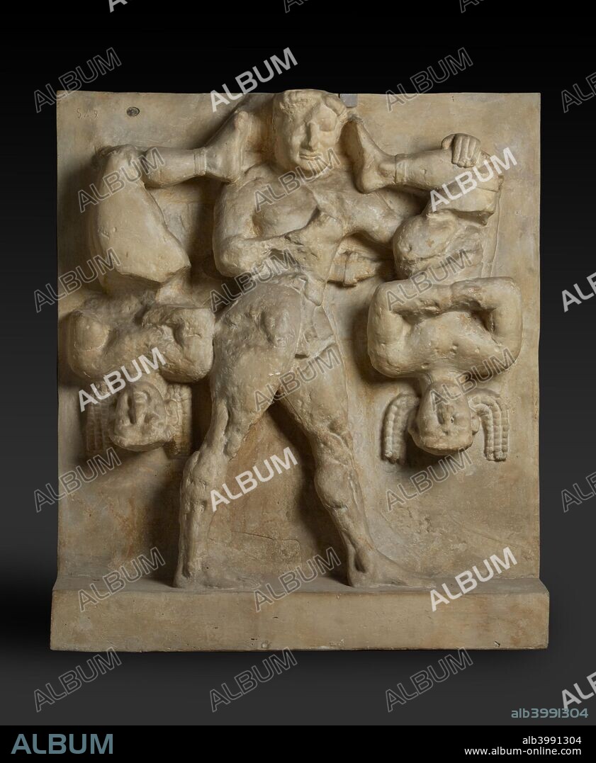 Herakles and Kerkopes. Metope from Temple C at Selinous, late 6th century BC. Herakles wearing short chiton carrying the Kerkopes tied to a yoke. Dimensions: height x width: 121 x 108 cm.