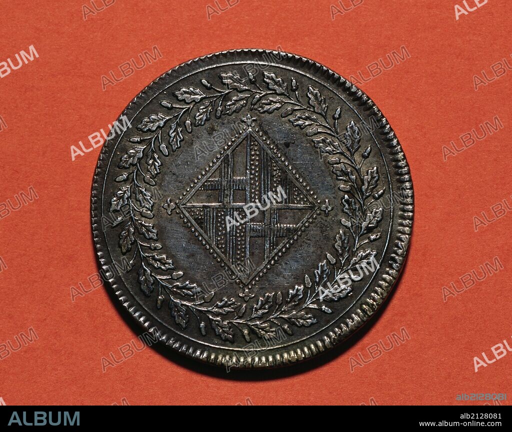 HISTORIA DE ESPAÑA. SIGLO XIX. CINCO PESETAS. Moneda de plata, equivalente al real de a ocho, acuñada en Barcelona desde 1808, durante la guerra de la Independencia Española. Acuñada en 1810. ANVERSO. Instituto Municipal de Historia de Barcelona. (Numismatica). Cataluña.