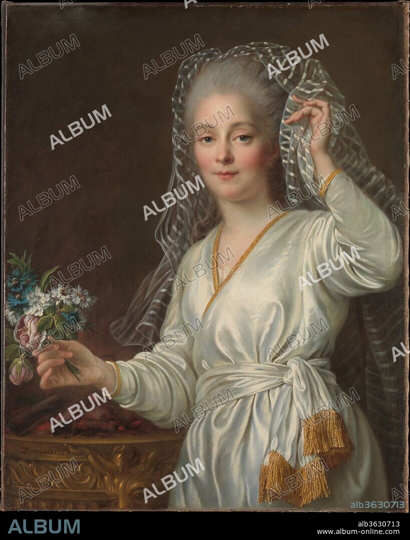 FRANCOIS HUBERT DROUAIS. Portrait of a Young Woman as a Vestal Virgin. Artist: François Hubert Drouais (French, Paris 1727-1775 Paris). Dimensions: 31 1/2 × 25 1/8 in. (80 × 63.8 cm). Date: 1767.
It was not uncommon to depict portrait sitters in the guise of a vestal virgin: many young women were shown thus when they were about to marry. The vestals were Roman guardians of the hearth and house chosen for their youth and purity; hence the presence of what might have been a table but is instead a brazier. The gold-trimmed robe is not contemporary dress but a costume, and the way in which the young woman lifts the veil is typical for the subject.