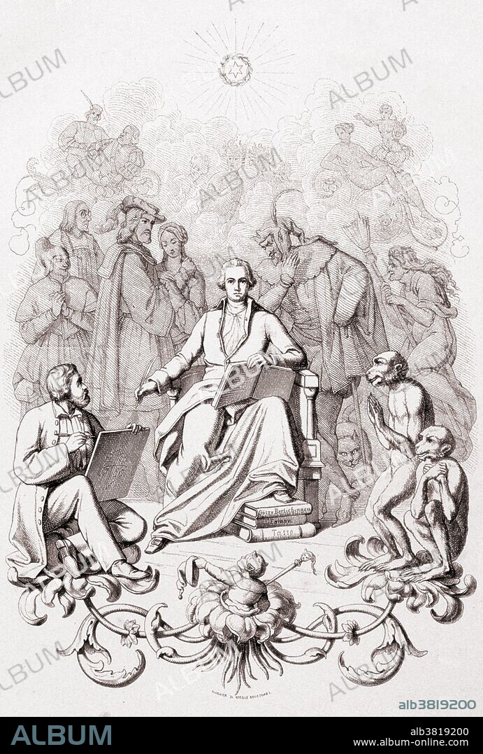 Frontispiece to Faust, showing a portrait of Goethe with his characters. Engraved in 1854. Johann Wolfgang von Goethe (1749-1832) was a German writer of great cultural influence. His works span the fields of poetry, drama, prose, philosophy, and science, although he is best known for his play "Faust". Faust the character stands on the left (from the viewer's perspective) behind Goethe, while Mephistopheles stands to the right. Goethe also authored the scientific text Theory of Colors.