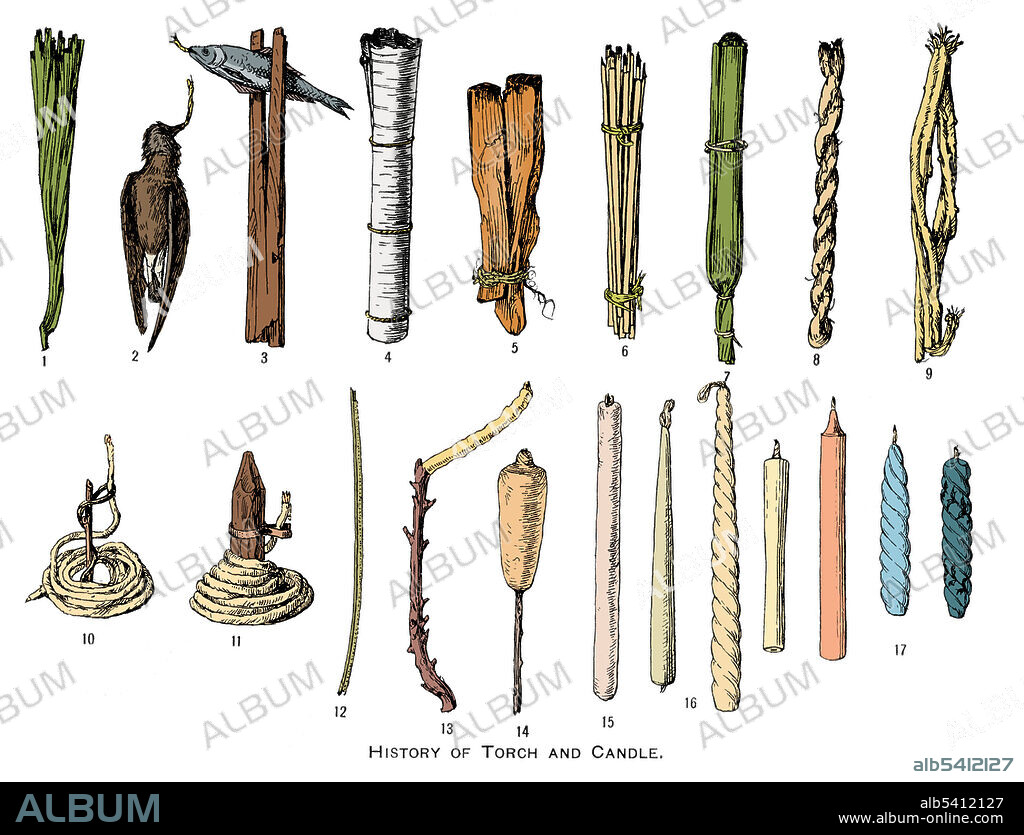 With the discovery of fire, the earliest form of artificial lighting used to illuminate an area were campfires or torches. 1) Folded palm leaf used as torch, East Indies. 2) Stormy petrel, Orkney Islands. 3) Candle fish in split stick, Alaska. 4) Birch bark torch, Iroquois Indians. 5) Splint fat pine knots torch, Virginia. 6) Fat pine torch, Southern Indians. 7) Dakar gum wrapped in palm leaves torch, Malaysia. 8) Rope in resin torch, Europe Middle Ages. 9) Torch made of cords soaked in fat or wax, Europe 16th century. 10 and 11) Cord soaked in fat or wax and coiled, England. 12) Rush soaked in grease, forming a primitive candle, England. 13) Stick smeared with grease, Mongolia. 14) Mass of fat formed on stick with wick of fiber wound around, Kashmir, India. 15) Tallow dip with rush wick, later cotton, Northern Europe. 16) Candles formed of wax with wick of fiber, Japan and North Africa. 17) Molded candles. Patent candles of stearine, paraffin, wax and decorated candles, 19th Century. Color enhanced.