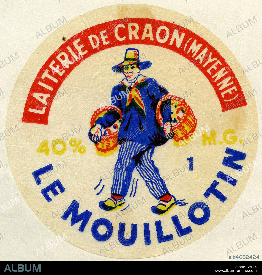 Le Mouillotin. Illustration anonyme pour une etiquette de fromage fabrique en Mayenne. Credit : Collection IM/KHARBINE-TAPABOR.