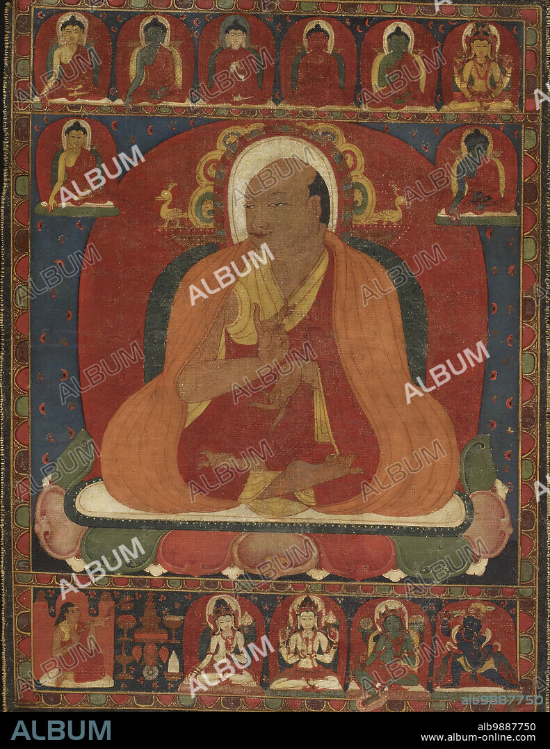 Portrait of a Tibetan Monk, 12th century. Wearing the robes of a Tibetan Buddhist monk, the individual depicted in this portrait was probably a teacher of the Kadampa order. The painting’s patron, perhaps a disciple of the monk, is seen in the lower left corner, gazing toward the teacher. Sitting before an altar and holding an offering lamp, he too wears monk's robes but has the long hair of a layman. The four deities to the right of the altar are especially important within the Kadampa tradition: from left to right we see the goddess or female bodhisattva White Tara, the male bodhisattva Shadakshari Avalokiteshvara, the goddess-bodhisattva Green Tara, and the wrathful buddha Achala. Seated along the top register are the five celestial buddhas and a four-armed goddess, probably Prajnaparamita (“Perfect Wisdom”), considered the mother of all buddhas and the embodiment of wisdom. Below them, the historical Buddha, Shakyamuni, and the blue medicine buddha flank the monk at the centre.