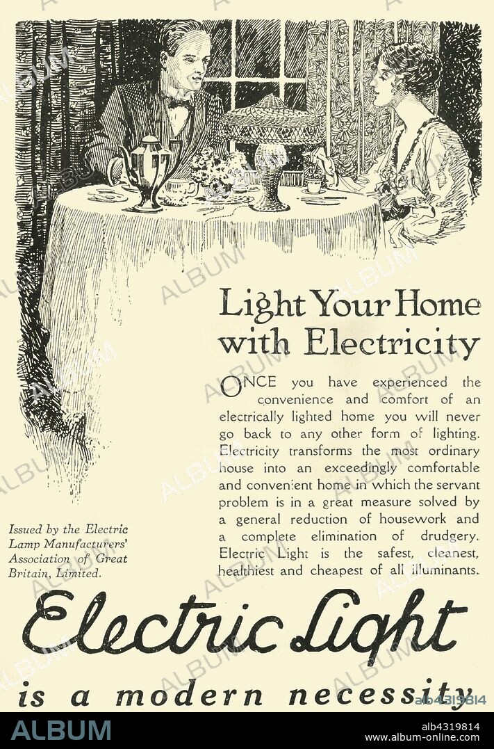 'Electric Light is a modern necessity', 1920. The Roaring Twenties were marked by significant development in the production of domestic electric appliances for households. From "The Ideal Home - April 1920". [London, 1920].
