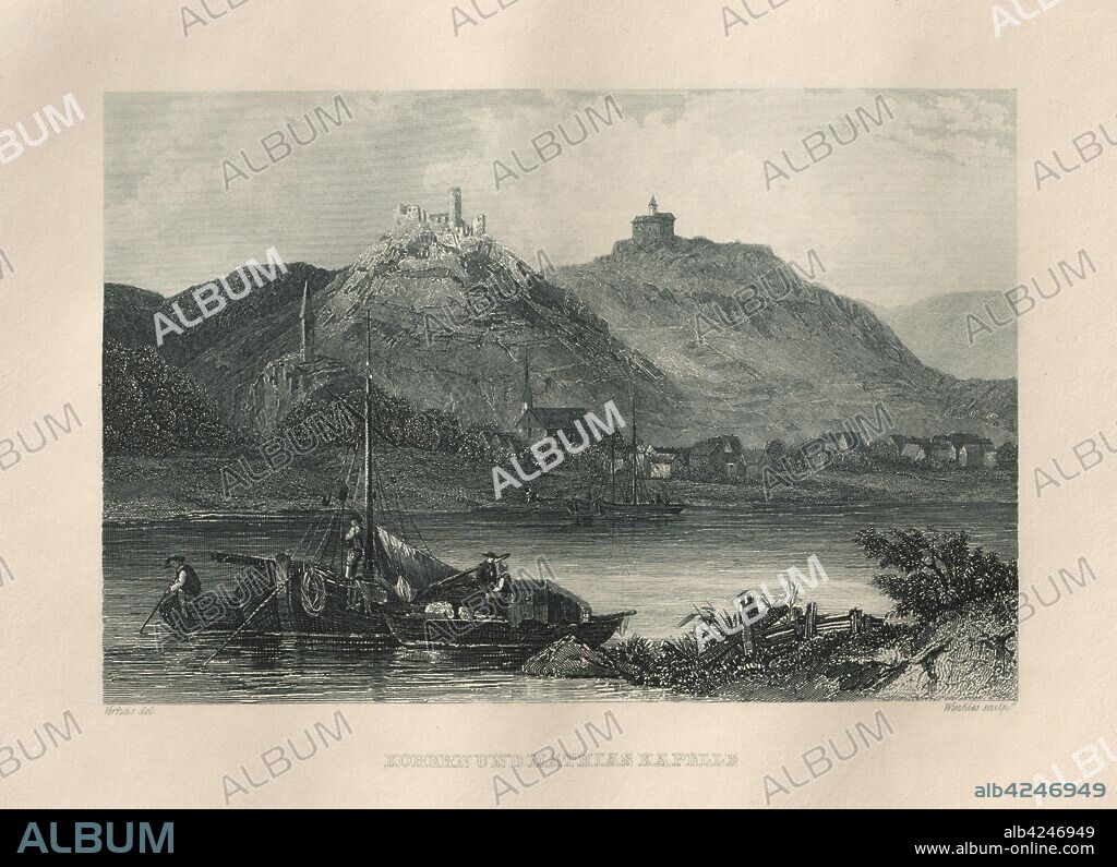 Das Malerische und Romantische Rheinland: Kobern und Mathias Kapelle, 1928. Henry Winkles (British, 1801-1900), after Theodor Verhas (German, 1811-1872), Kurt Schroeder. Etching in blue; sheet: 24.1 x 32.7 cm (9 1/2 x 12 7/8 in.); platemark: 16.3 x 26.2 cm (6 7/16 x 10 5/16 in.).