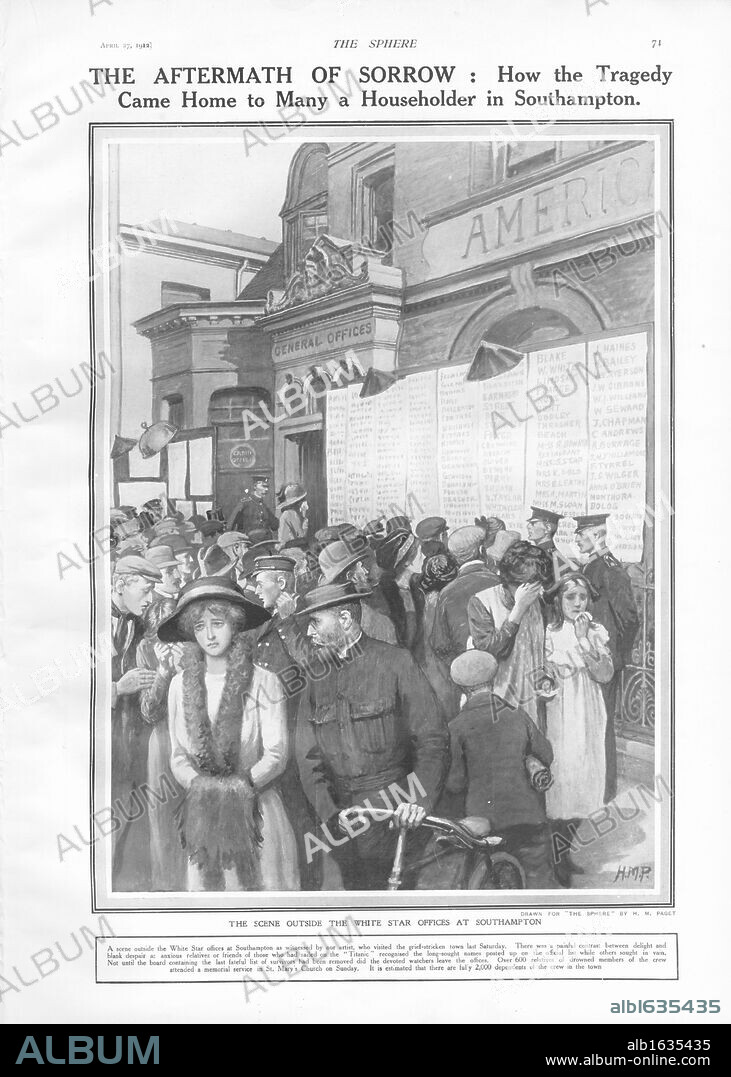Titanic - Aftermath of Sorrow. White Star Liner, RMS Titanic. The Aftermath of Sorrow: How the Tragedy Came Home to Many a Householder in Southampton.' Illustration of the scene outside the White Star offices at Southampton showing people searching for the names of loved ones amongst the list of survivors of the stricken Titanic. The ship,built by Harland & Wolff in Belfast Ireland during 1910 - 1911, sank on April 16th 1912 after striking an iceberg off the coast of New Foundland during her maiden voyage from Southampton, England to New York, USA, with the loss of 1,522 passengers and crew. (Photo by Titanic Images/Universal Images Group).