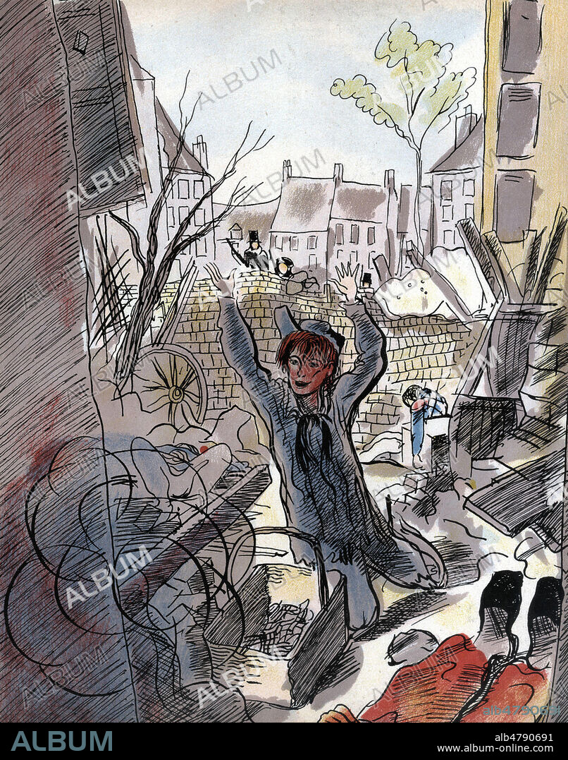 Gavroche sur les barricades. Illustration de 1945 par Pierre FALKE (1884-1947) pour Les Miserables de Victor HUGO (1802-1885). Credit : Collection Jonas/Kharbine-Tapabor.