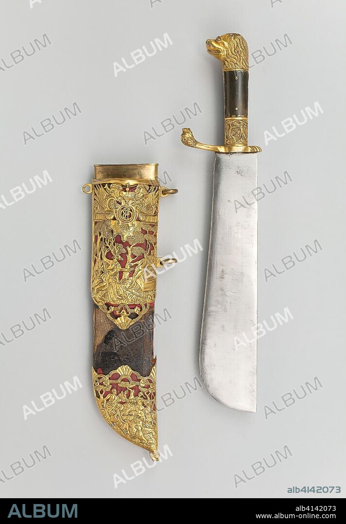 Hunting Cleaver (Waidpraxe) of Ernst August II Konstantin, Duke of Saxe-Weimar-Eisenach. German. Date: 1755-1758. Dimensions: Cleaver: Overall L. 36.2 cm (14 1/4 in.) 
Blade L. 25 cm (9 7/8 in.) 
Weight: 2 lb.
Cleaver in scabbard weight: 2 lb. 2 oz. Steel, bronze, gilding, horn, wood, leather, and silk. Origin: Germany.