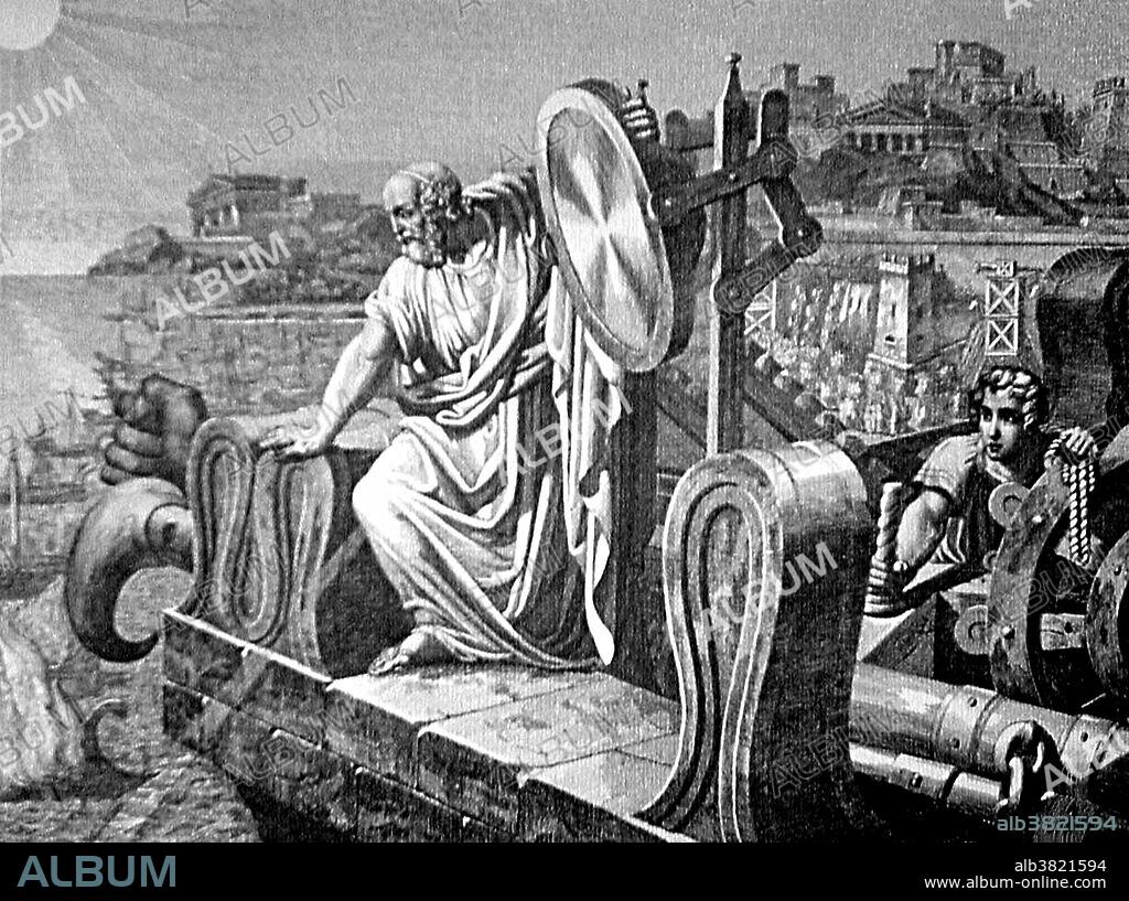 The 2nd century AD author Lucian wrote that during the Siege of Syracuse Archimedes destroyed enemy ships with fire. The device, sometimes called the "Archimedes heat ray", was used to focus sunlight onto approaching ships, causing them to catch fire. This weapon has been the subject of ongoing debate about its credibility since the Renaissance. It has been suggested that a large array of highly polished bronze or copper shields acting as mirrors could have been employed to focus sunlight onto a ship. This would have used the principle of the parabolic reflector in a manner similar to a solar furnace. Archimedes of Syracuse (287-212 BC) was a Greek mathematician, physicist, engineer, inventor, and astronomer. Few details of his life are known, but he is regarded as one of the leading scientists in classical antiquity. Among his advances in physics are the foundations of hydrostatics, statics and an explanation of the principle of the lever. He is credited with designing innovative machines, including siege engines and the screw pump that bears his name. Archimedes is considered to be the greatest mathematician of antiquity and one of the greatest of all time.