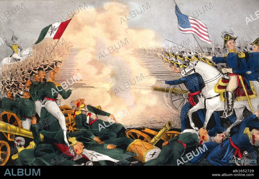 Mexican-American War 1846-1848: Battle of Buena Vista, 23 February 1847, also known as Battle of Angostura. Mexicans under Santa Anna in green, defeated by Americans under General Zachary Taylor. Currier & Ives print, 1847.