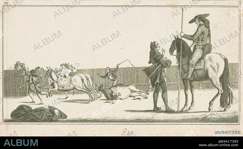Picador and matador after killing the bull, Coleccion de las principales suertes de una corrida de toros (series title on object), Collection of the most important maneuvers in bullfighting (series title), On the right a picador and matador in conversation. On the left the killed bull is dragged away behind three horses. Numbered top left: XII., print maker: anonymous, after print by: Antonio Carnicero, Spain, in or after 1790, paper, etching, height 160 mm × width 292 mm.