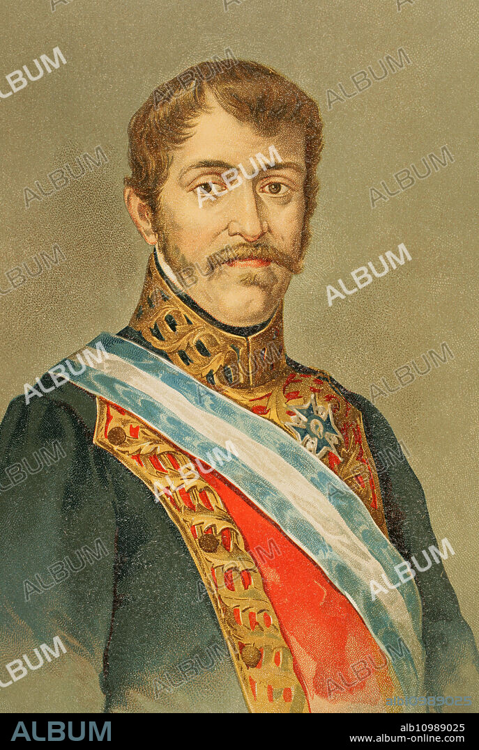 Carlos María Isidro de Borbón (1788-1855), llamado don Carlos. Infante de España, fue el primer pretendiente carlista al trono de España bajo el nombre de Carlos V. Retrato. Cromolitografía. "Historia de la guerra civil y de los partidos liberal y carlista", por Antonio Pirala. Tomo I. Madrid, 1889.
