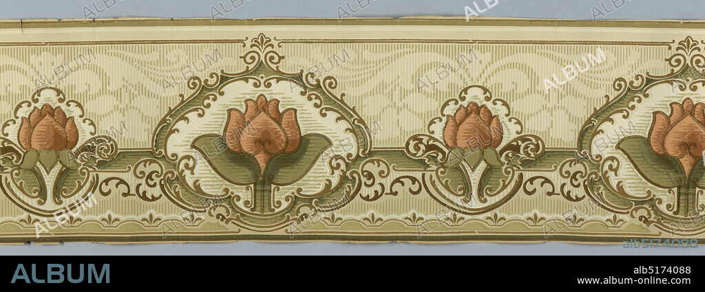 Frieze, Machine-printed, Stylized floral motif, with large-scale flower alternating with smaller floral motif. Printed in rust-color, green and browns on patterned background., 18901920, Wallcoverings, Frieze.