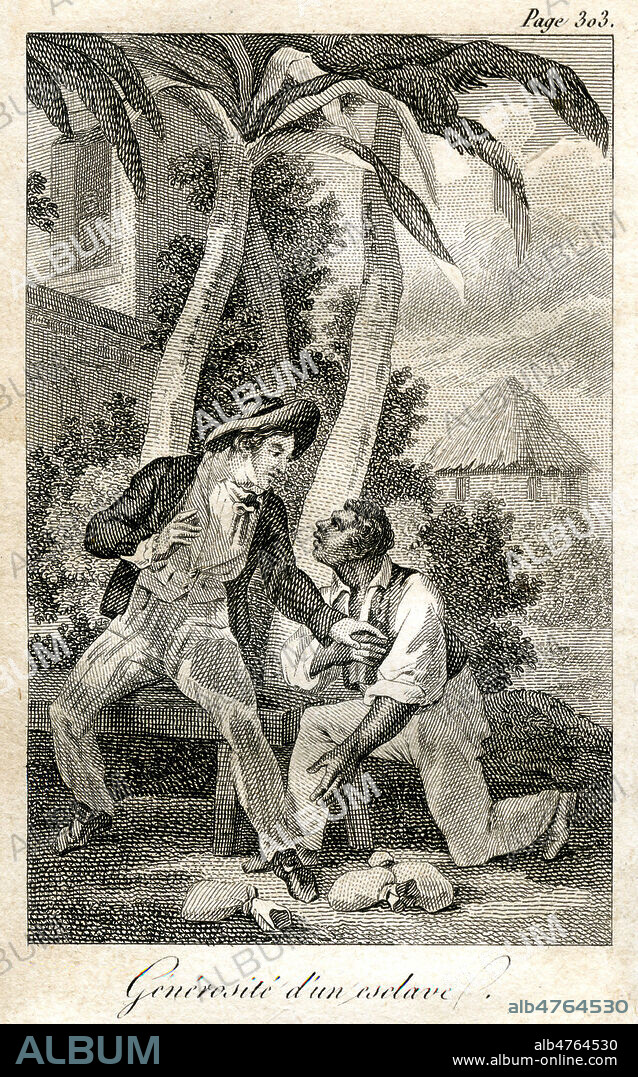 Generosite d'un esclave (qui apres avoir ete affranchi donne de l'argent a son ancien maitre ruine). Illustration anonyme de 1821 pour Le Raynal de la Jeunesse (Version expurgee de L'Atlas de l'Histoire des Deux Indes de 1772 de l'abbe Guillaume-Thomas RAYNAL (1713-1796). Credit : Collection Jonas/KHARBINE-TAPABOR.