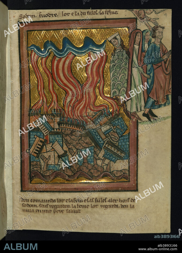 WILLIAM DE BRAILES. Lot and his Family Flee Sodom (Genesis 19:15-26). Date/Period: Ca. 1250 (Medieval). Illuminated manuscripts; folios (leaves). Ink and pigment on parchment ink and pigment on parchment. Height: 13.20 mm (0.51 in); Width: 9.50 mm (0.37 in).