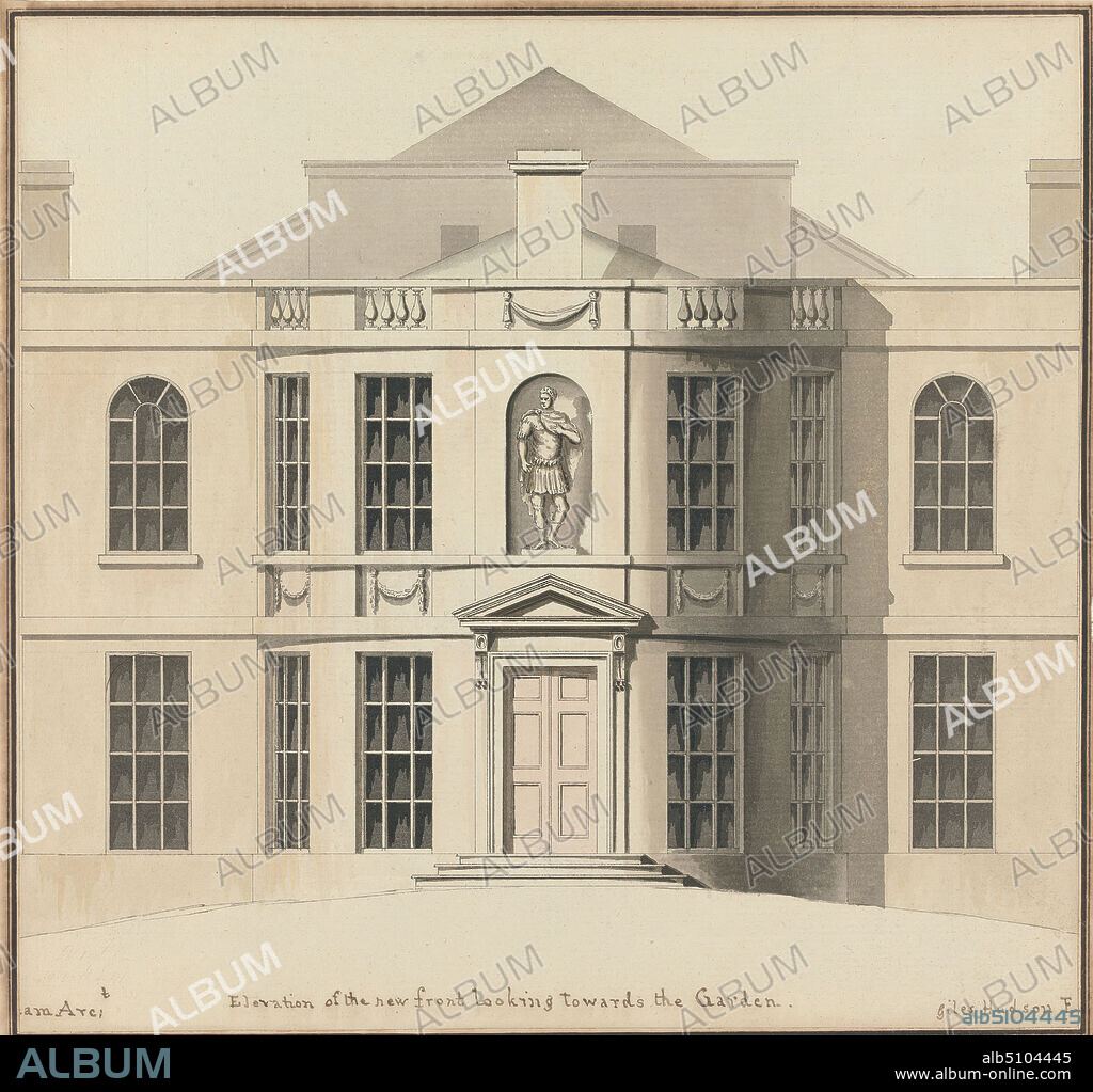 Unidentified House for Giles Hudson, Putney, Surrey: Garden Front Elevation, William Wickham, born ca.1750, British, undated, Graphite, pen and black ink and watercolor on moderately textured, moderately thick, cream laid paper, Sheet: 9 × 9 1/2 inches (22.9 × 24.1 cm), architectural subject.