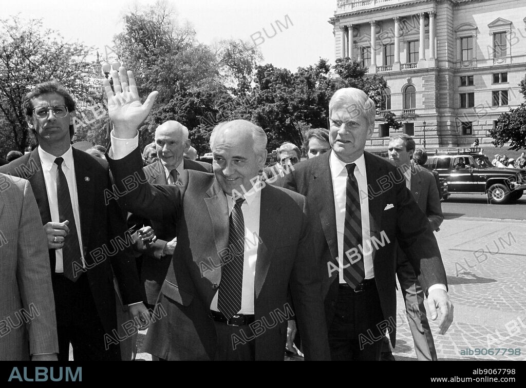 Mr. Gorbachev visits. Photograph shows former Soviet president Mikhail Gorbachev (centre), waving, as he walks with Librarian of Congress James H. Billington (right) on the U.S. Capitol grounds across the street from the Library of Congress. Mikhail Sergeyevich Gorbachev (born 2 March 1931) is a Russian and former Soviet politician. The eighth and final leader of the Soviet Union, he was the General Secretary of the Communist Party of the Soviet Union from 1985 until 1991.