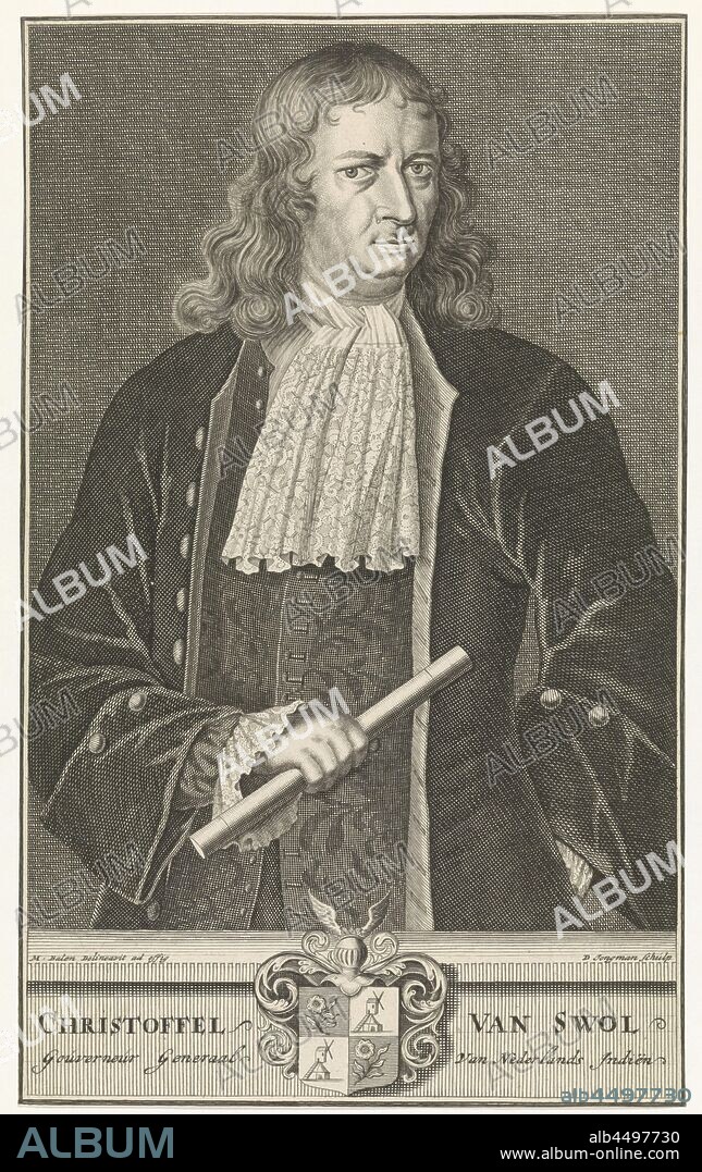 Portrait of Christoffel van Swol, Governor General of the Dutch East Indies, half-length. In his right hand he holds a command staff and he holds his left hand behind his back. On the plinth are his coat of arms and name and position in Dutch., Baton of general, Christoffel van Swoll, Dirk Jongman (mentioned on object), Amsterdam, 1709 - 1726, paper, engraving, h 286 mm × w 175 mm.