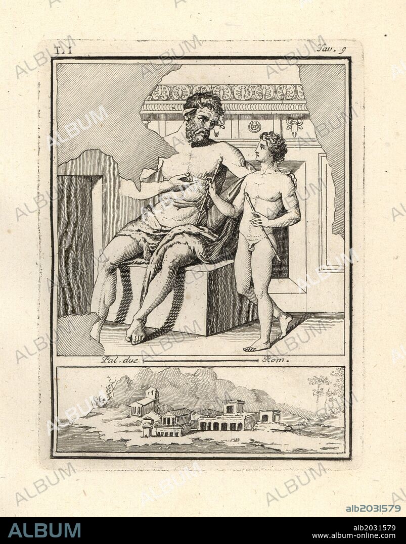 The satyr Marsyas sitting on a stone teaching the boy Olympus to play the Tibia or flute, the same subject as rendered by the famous Greek artist Polygnotus. Vignette below shows a Roman villa. Copperplate engraved by Tommaso Piroli from his own "Antichita di Ercolano" (Antiquities of Herculaneum), Rome, 1789. Italian artist and engraver Piroli (1752-1824) published six volumes between 1789 and 1807 documenting the murals and bronzes found in Heraculaneum and Pompeii.